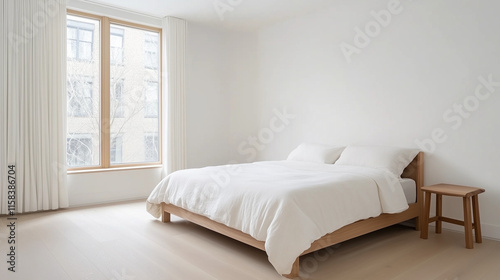A cozy minimalist bedroom with white walls, a wooden bed, and soft beige linens, large window with natural light, clean and spacious design, copy space on the wall.