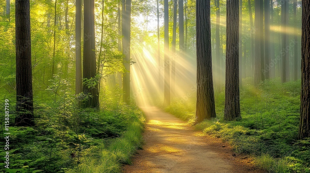 Fototapeta premium Sunbeams illuminate a path through a misty forest.