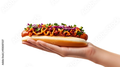 Isolated hand holding a well-topped hotdog with vibrant condiments