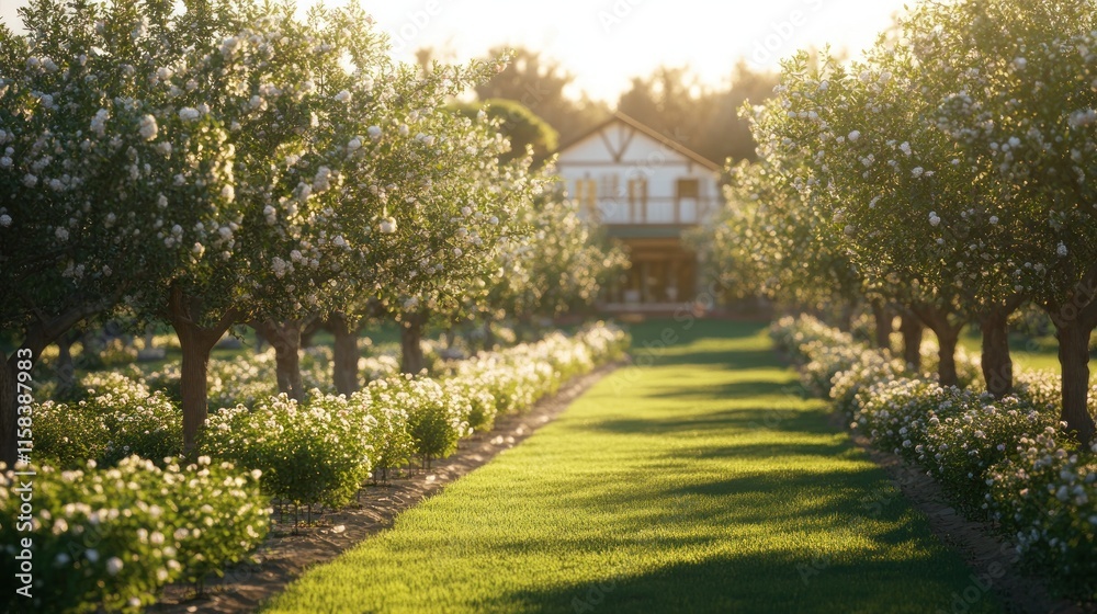 Sunlit path through blossoming orchard leading to house. Sunlit path through blossoming orchard leading to house.