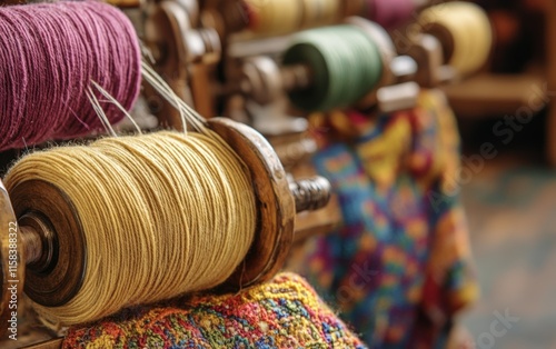Close-up of colorful yarn spools winding onto vintage bobbins. A vibrant textile art scene unfolds, showcasing the beauty of handcrafted materials.