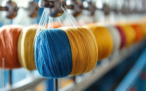 Vibrant yarn bobbins spin, a tapestry of color, winding onto spools, a symphony of textures and hues, creating threads of artistry.