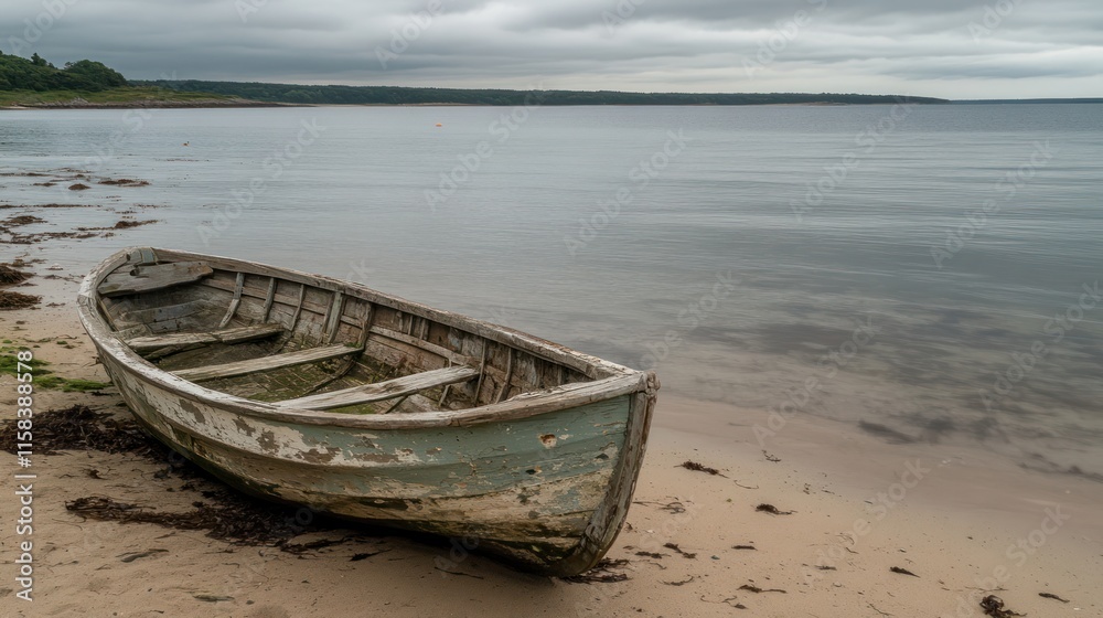 Weathered wooden rowboat on a tranquil beach under a cloudy sky. Weathered wooden rowboat on a tranquil beach under a cloudy sky.