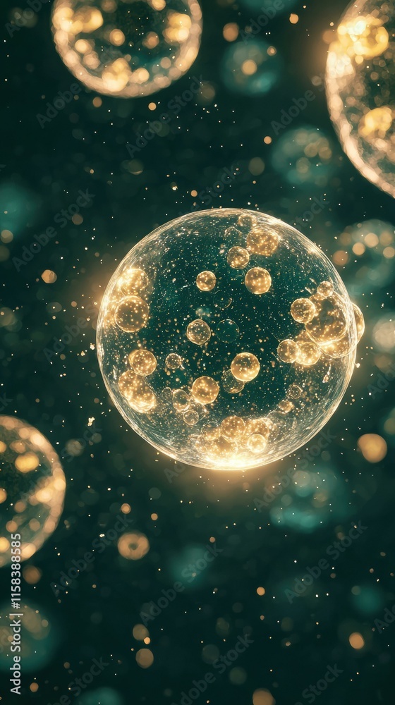 Fototapeta premium Glowing orbs float in a dark space. AI.