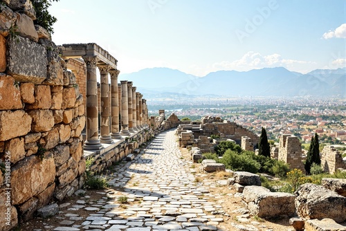 Ancient pathway lined with stone columns and ruins, set against a scenic valley and mountain landscape under a clear sky. Concept of history. Ai generative photo