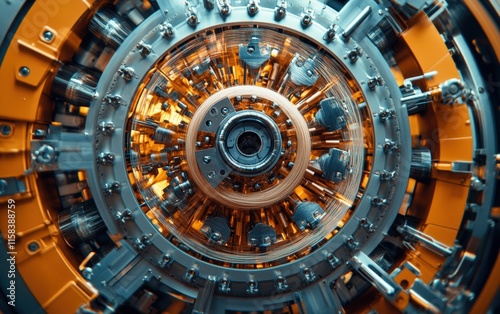 Intricate Gears in Motion: A mesmerizing close-up of industrial machinery's inner workings, showcasing complex technology and precision engineering.