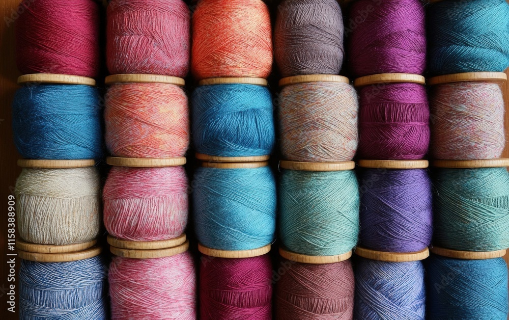 Vibrant yarn spools arranged in neat rows, showcasing a spectrum of colors and textures. A visual delight for crafters! Vibrant yarn spools arranged in neat rows, showcasing a spectrum of colors and textures. A visual delight for crafters!