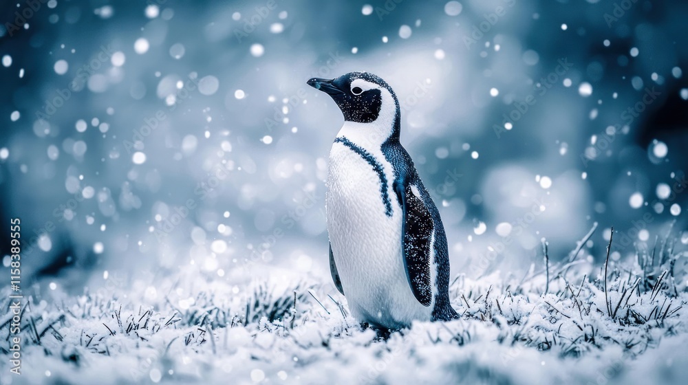 Fototapeta premium A solitary penguin stands in a snowy landscape, surrounded by falling snowflakes.