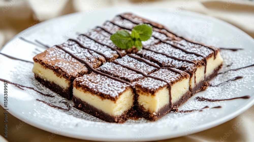 Delicious chocolate cheesecake squares, drizzled with chocolate and powdered sugar, served on a white plate. Delicious chocolate cheesecake squares, drizzled with chocolate and powdered sugar, served on a white plate.