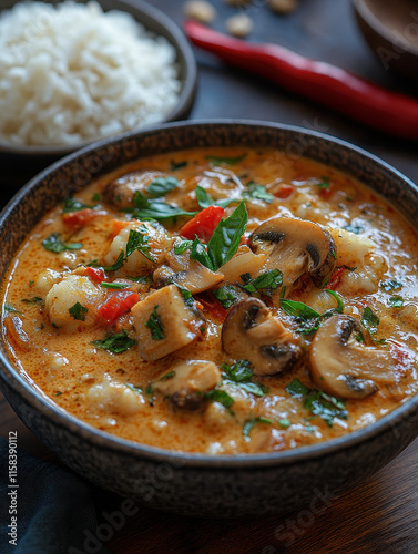 Mushroom Stew, Brown Earth-toned Bowl with Lid, Wooden Dining Table, Garnished with Cilantro and Red Pepper Shaker