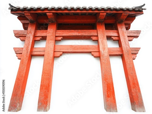 Traditional Japanese Torii Gate in Vibrant Red Color Symbolizing Transition Between Sacred and Profane Spaces, Isolated on White Background for Artistic Purposes photo