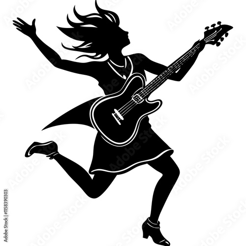 Dynamic Woman Jumping with Guitar in an Energized Rock Pose