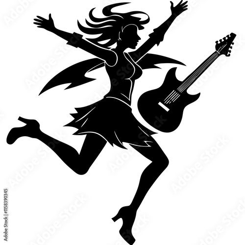 Dynamic Woman Jumping with Guitar in an Energized Rock Pose