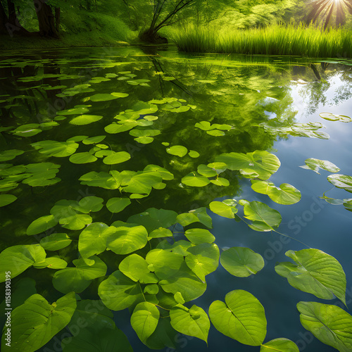 Water lily pads floating on a pond with trees in the background