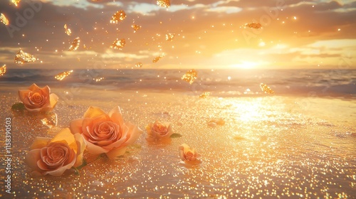 A serene sunset over a beach with floating roses and sparkling light.