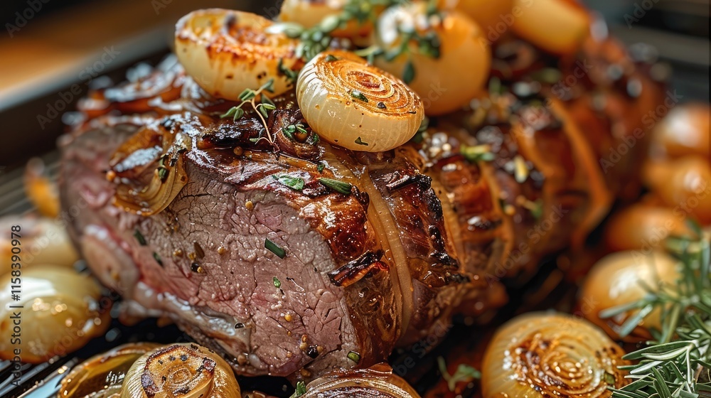 Fototapeta premium Saffron Honey Roasted Lamb with Caramelized Onions.