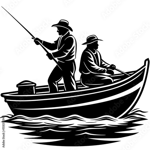 Fishermen in Boat Catching Fish - Fishing Illustration