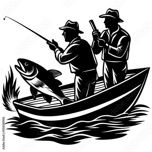 Fishermen in Boat Catching Fish - Fishing Illustration