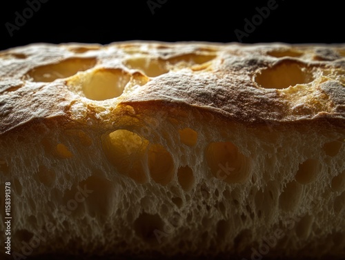 Close-up of a crusty artisan bread loaf, showing its airy interior and texture. photo