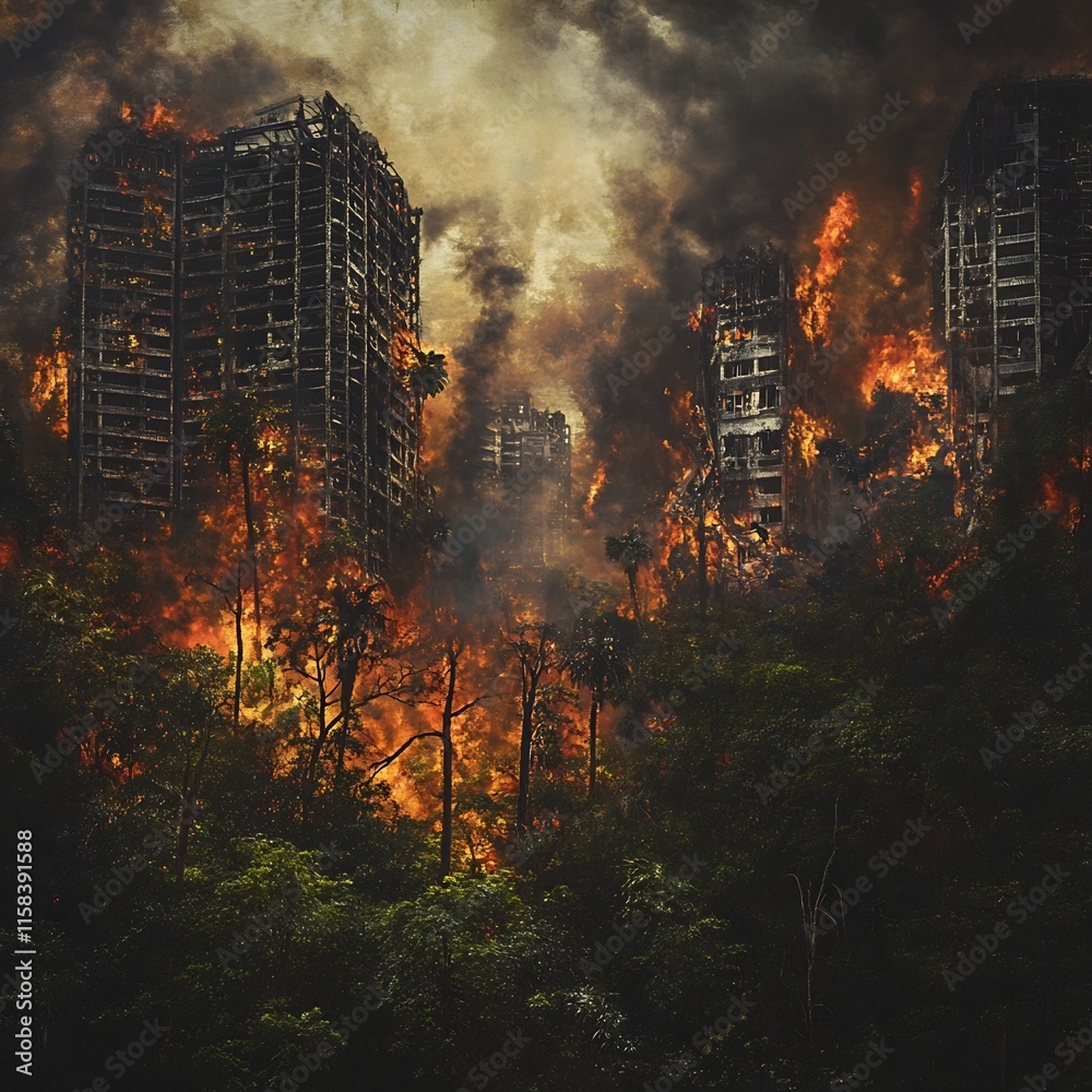 Fototapeta premium Dramatic Cityscape on Fire with Smoke and Destruction in Apocalyptic Scene