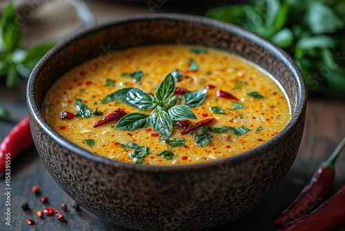 Creamy Asian-Style Soup with Garnishes on Dark Wooden Table for Meal Preparation