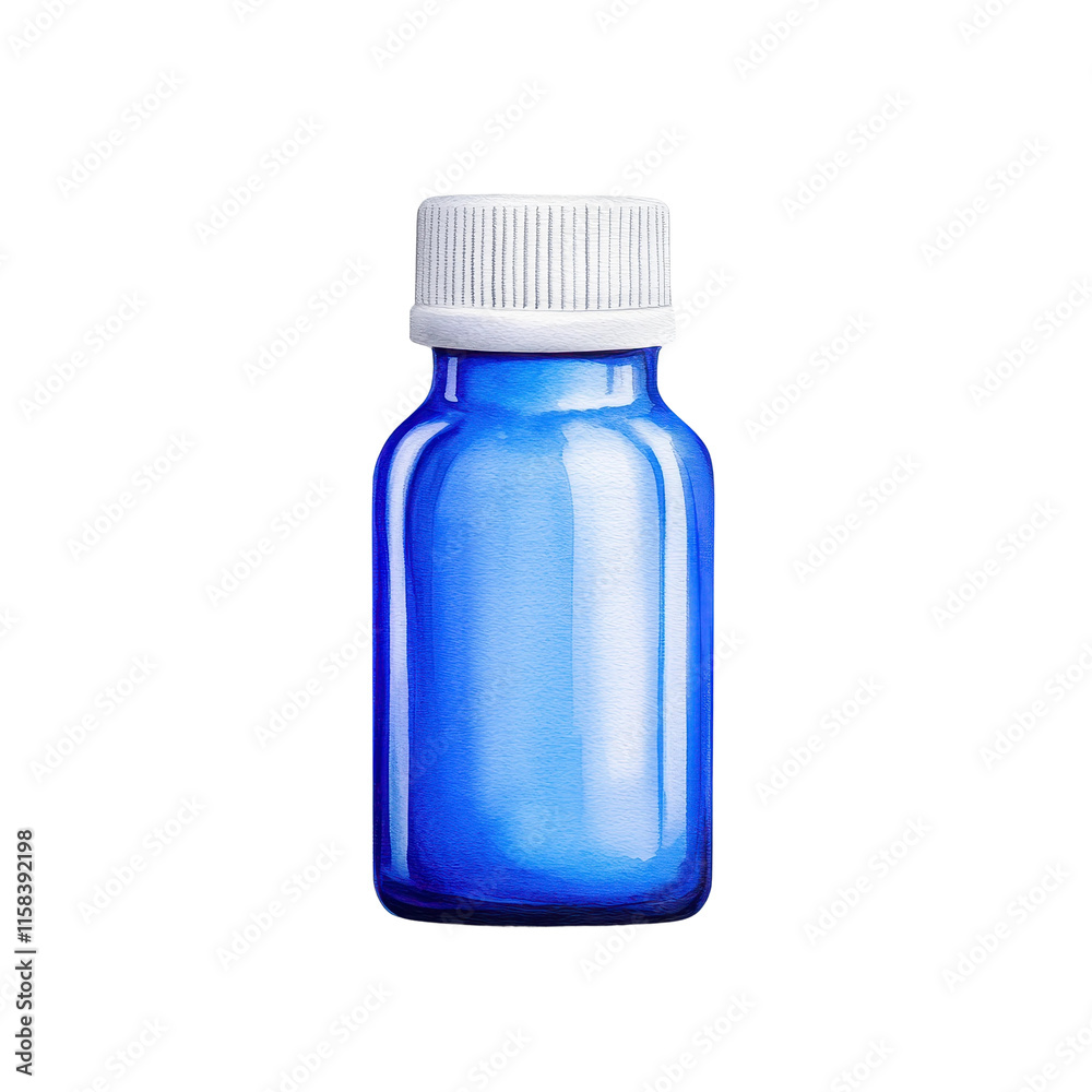Blue Glass Bottle with White Cap Isolated on White Background