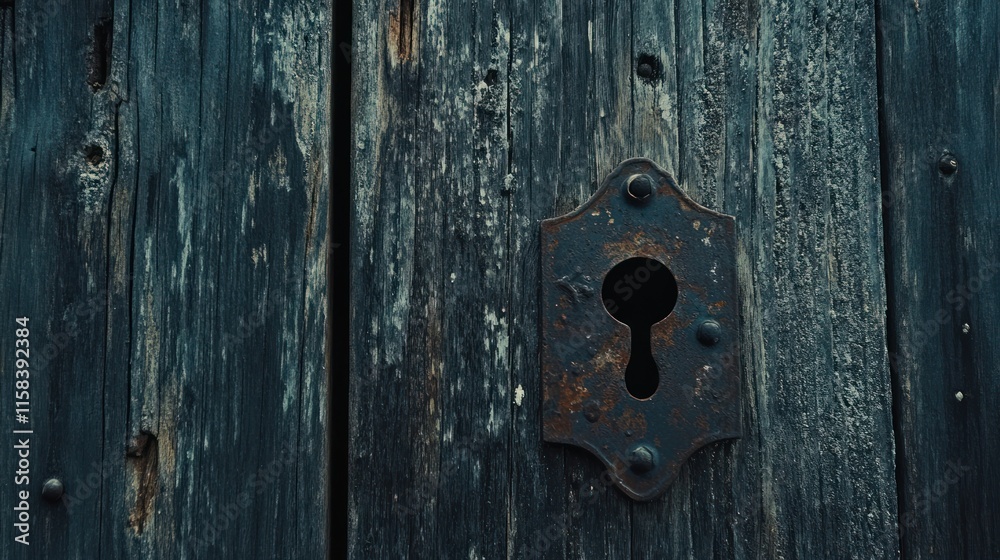 Close-up of rusty keyhole on aged, dark wooden door. Close-up of rusty keyhole on aged, dark wooden door.