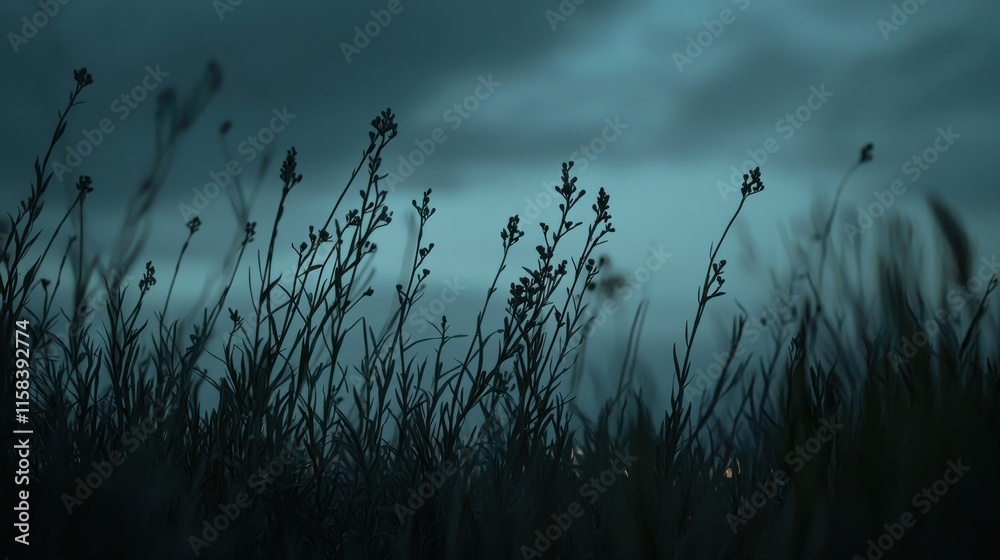 Obraz premium Dark silhouette of tall grass against a moody sky, evoking a tranquil atmosphere.