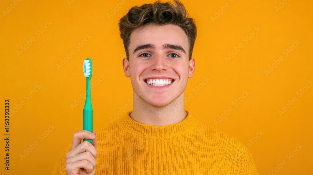Happy Young Man with a Bright Smile Holding a Colorful Toothbrush Against a Vibrant Yellow Background Emphasizing Oral Hygiene and Wellness Happy Young Man with a Bright Smile Holding a Colorful Toothbrush Against a Vibrant Yellow Background Emphasizing Oral Hygiene and Wellness