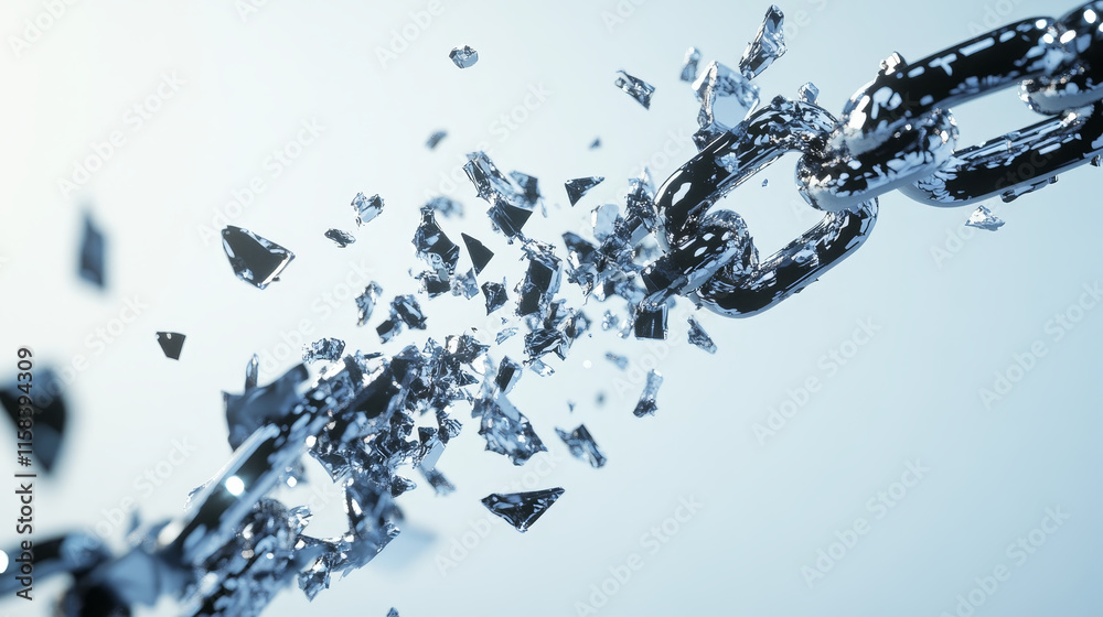 Polygonal Broken tearing chain. Breaks the chain business Vector mesh spheres from flying debris. Thin line concept. Blue structure style illustration Polygonal Broken tearing chain. Breaks the chain business Vector mesh spheres from flying debris. Thin line concept. Blue structure style illustration