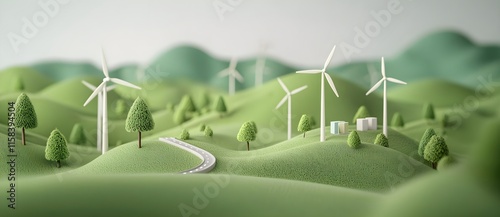 Lush Green Landscape Featuring Wind Turbines and Rolling Hills with a Serene Pathway under a Clear Sky in a Minimalist Style