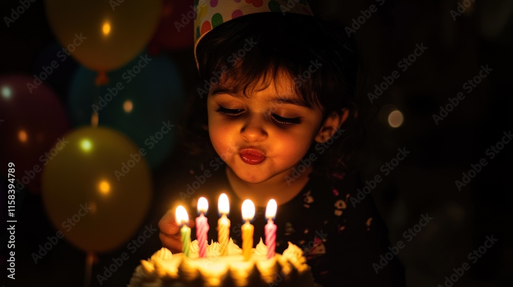 Toddler girl blowing out birthday candles on cake at night. Toddler girl blowing out birthday candles on cake at night.