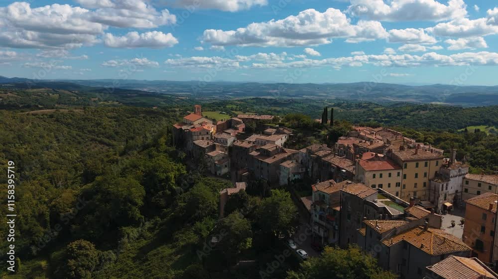 Old village Scansano in Tuscany, Italy. Scenic mediterranean roman medieval town aerial. Morellino Old village Scansano in Tuscany, Italy. Scenic mediterranean roman medieval town aerial. Morellino