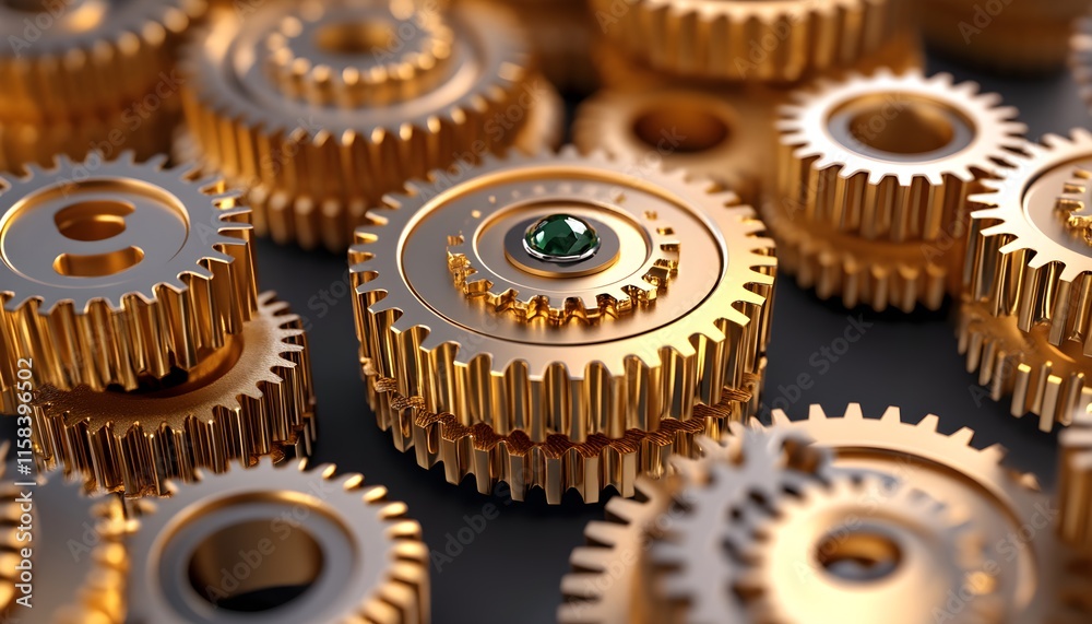 Golden Gears with Green Gem Centerpiece in a Tightly Packed Arrangement on a Dark Surface, Perfect for Illustrating Mechanisms and Technology Themes Golden Gears with Green Gem Centerpiece in a Tightly Packed Arrangement on a Dark Surface, Perfect for Illustrating Mechanisms and Technology Themes