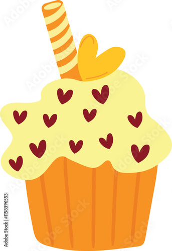 Yellow Heart Topped Cupcake Vector Illustration