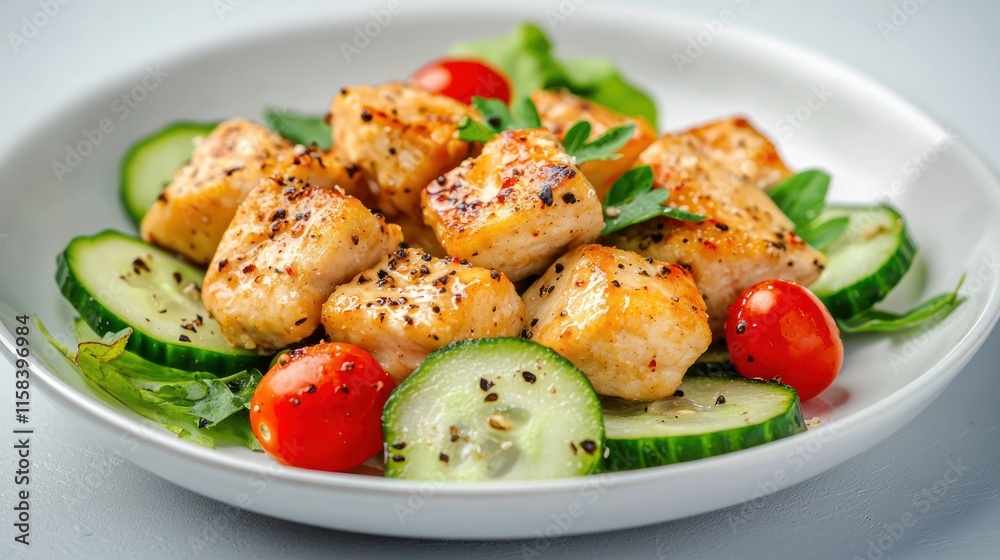 A plate of seasoned chicken pieces served on a bed of fresh vegetables. A plate of seasoned chicken pieces served on a bed of fresh vegetables.