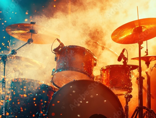 A vibrant close-up of a drum kit on a smoky stage, illuminated by colorful stage lights. photo