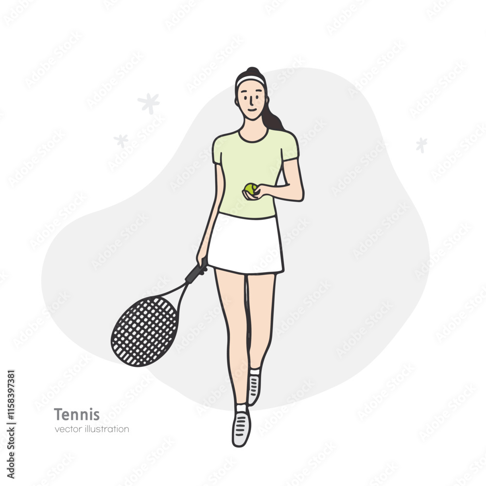 This is an illustration of a female tennis player holding a racket in her right hand and holding the ball in her left hand. Hand-drawn illustration elements. This is an illustration of a female tennis player holding a racket in her right hand and holding the ball in her left hand. Hand-drawn illustration elements.