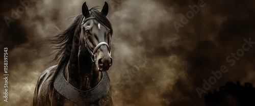 Majestic black stallion in a stormy landscape photo