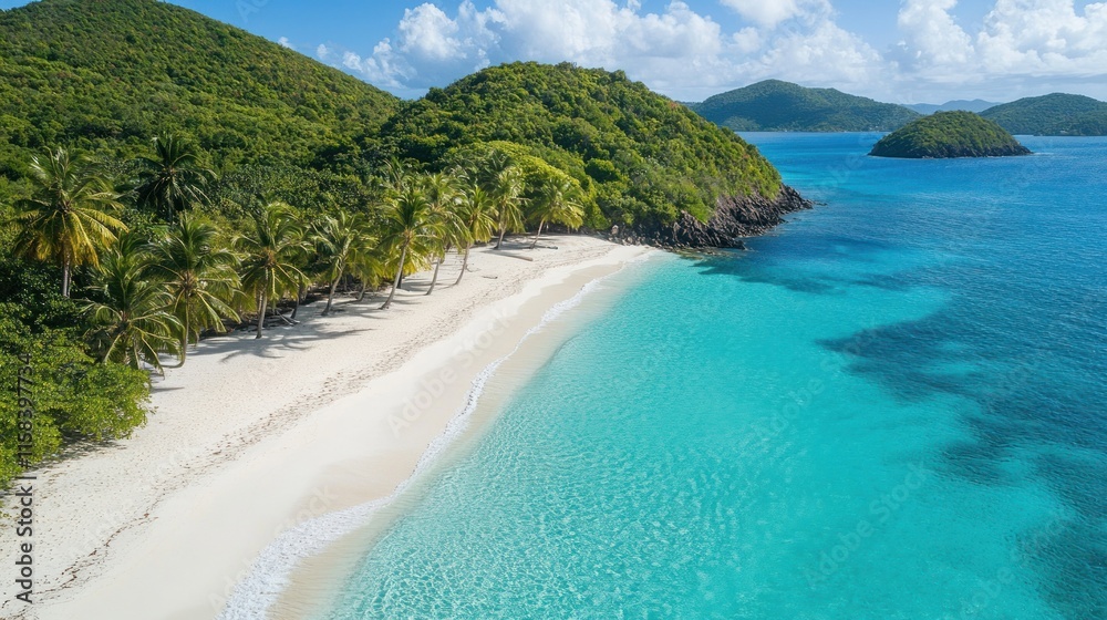 Aerial view of pristine white sand beach, turquoise water, lush green palm trees, and tropical islands under a sunny sky. Aerial view of pristine white sand beach, turquoise water, lush green palm trees, and tropical islands under a sunny sky.
