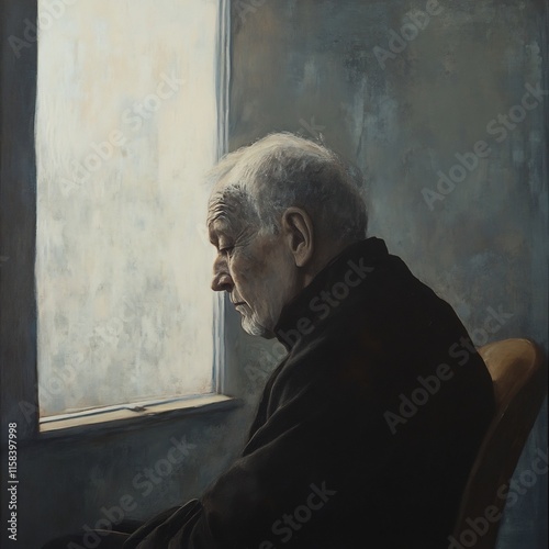 Elderly Man Ponders Through Window in Dramatic Black and White Portrait