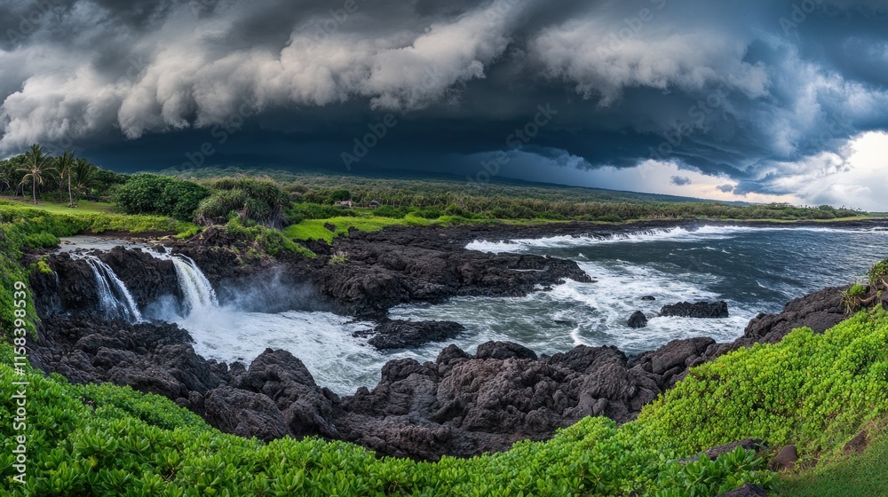 Dramatic cloudscape over volcanic coastline with waterfall and ocean waves crashing on black rocks. Dramatic cloudscape over volcanic coastline with waterfall and ocean waves crashing on black rocks.