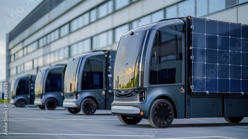 Futuristic Electric Delivery Vehicles Parked at a Modern Logistics Hub with Solar Panels Attached