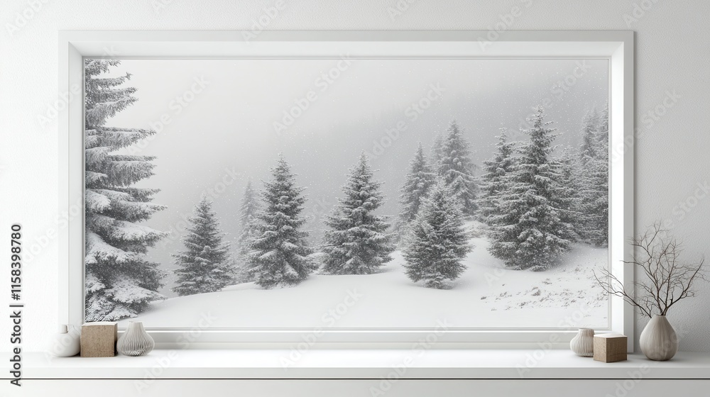 Fototapeta premium Modern residential window view of snowy background,Snowy glittering winter landscape with space for products and decorations,Happy christmas time,snowfall,snow landscape,copy space.