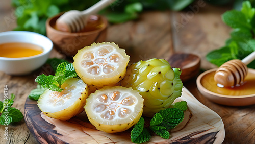 Close up of fresh noni fruit, honey, and mint leaves on a wooden board.  Healthy eating, tropical fruit, natural sweetness concept.