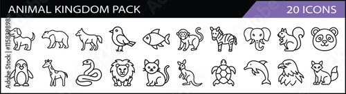 Set of 20 Animal Kingdom Icons Pack - A diverse collection of 20 animal-themed line icons, showcasing wildlife such as lions, dogs, birds, fish, and exotic creatures. photo