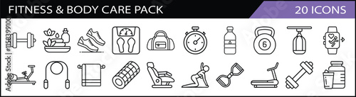 Set of 20 Fitness and Body Care Icons Pack - A health-conscious collection of 20 fitness and body care-themed line icons, featuring weights, yoga poses, water bottles, and timers.
