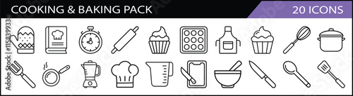 Set of 20 Cooking and Baking Icons Pack - A culinary collection of 20 cooking and baking-themed line icons, including utensils, mixers, measuring cups, and chef essentials.