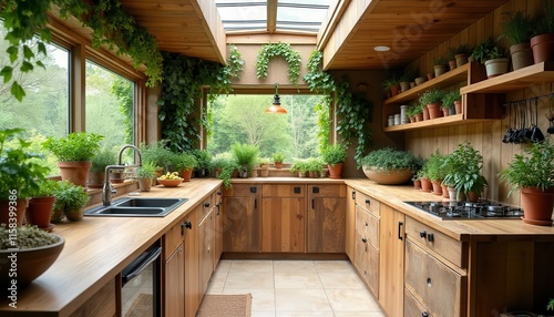 Rustic Kitchen Design Herb Garden Wooden Cabinets Plants
