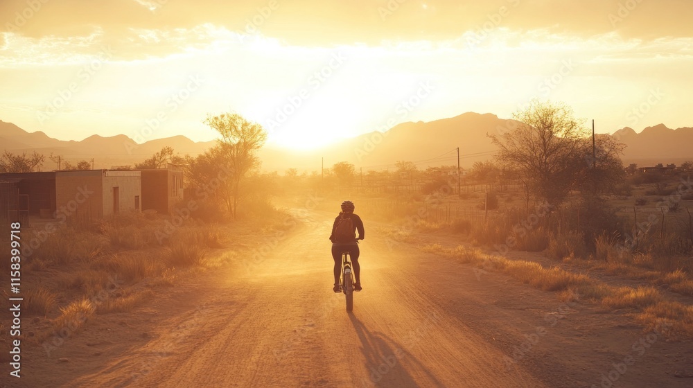 Cyclist rides into a desert sunset on a dirt road. Cyclist rides into a desert sunset on a dirt road.